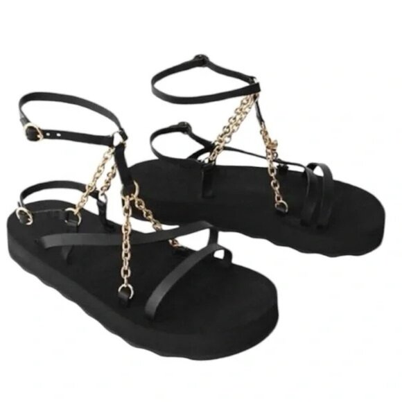 MAJE Frankie Black Gold Chain And Charm-Embellished Leather Sandals Size 9 - Picture 2 of 9